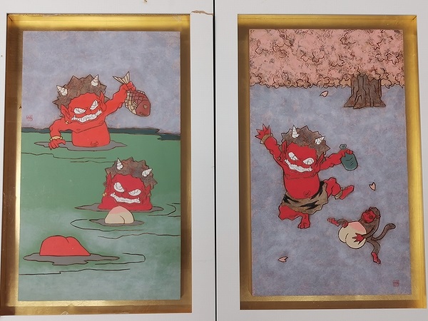 瀧下和之　桃太郎図「桜の木の下で」、「鬼ヶ島で水遊び」