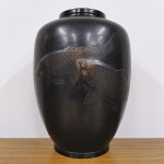 島田玉峰 双鯉図 銅製 花瓶